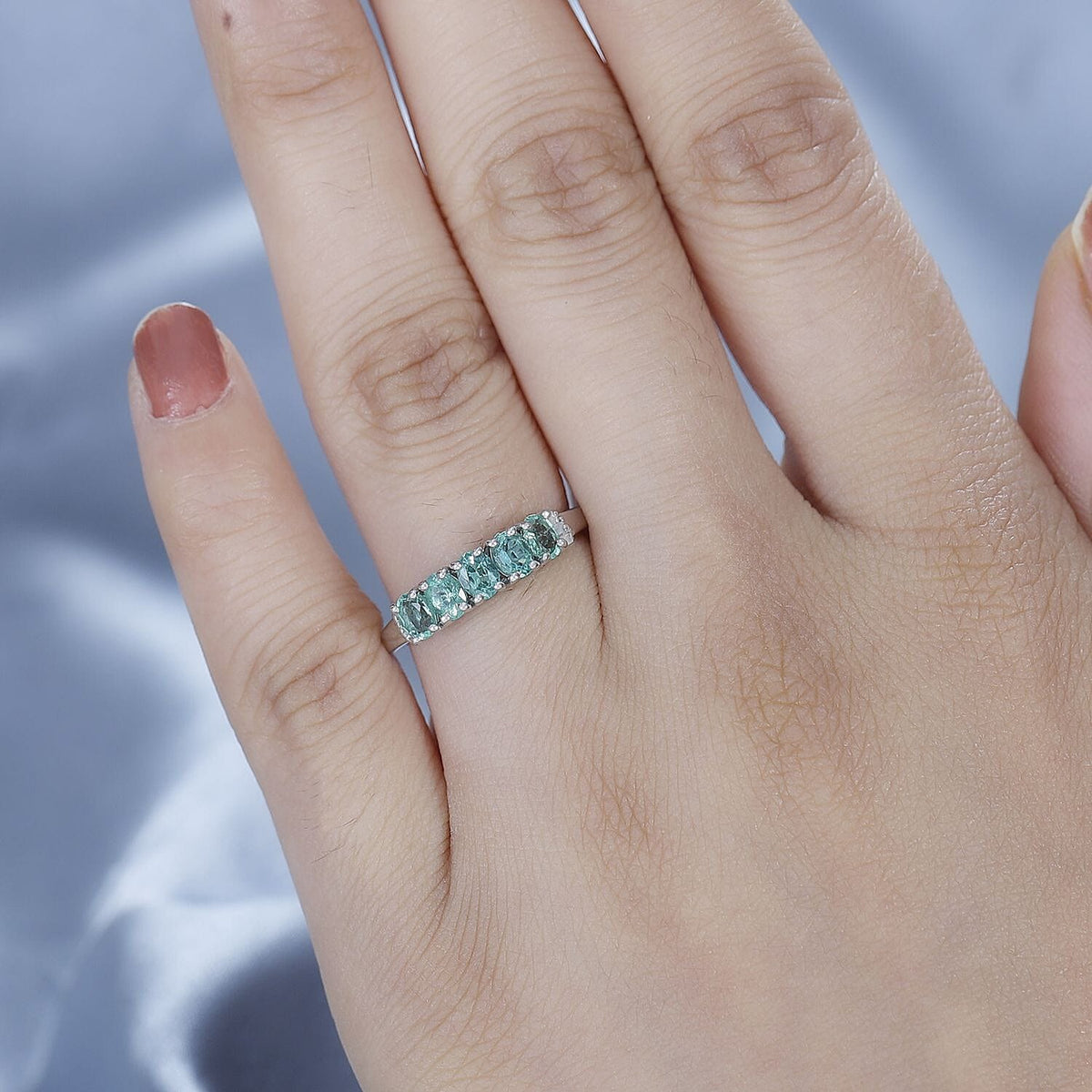 Emerald, White Diamond 5-Stone Ring in Platinum Overlay Sterling Silver 7763205 3