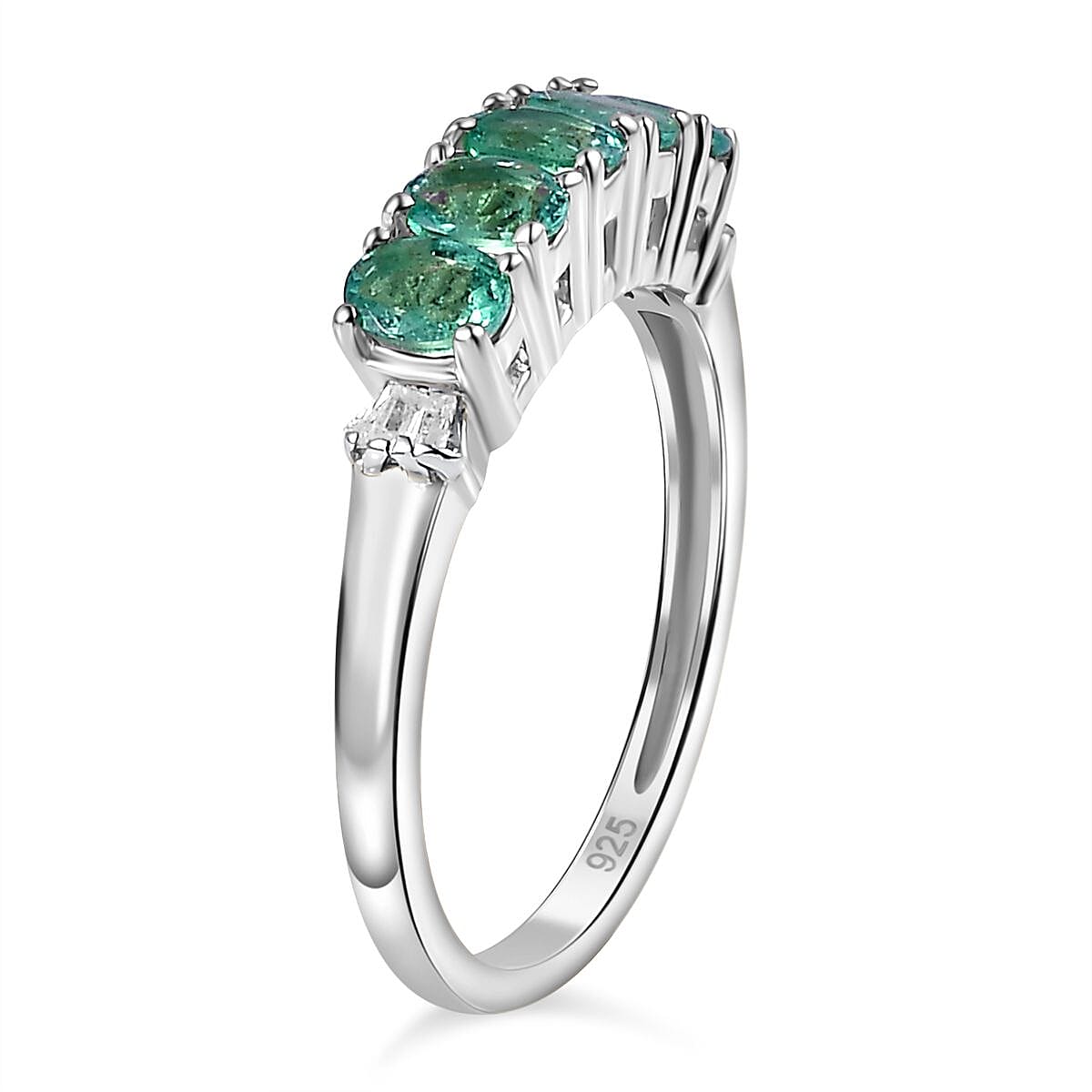 Emerald, White Diamond 5-Stone Ring in Platinum Overlay Sterling Silver 7763205 4