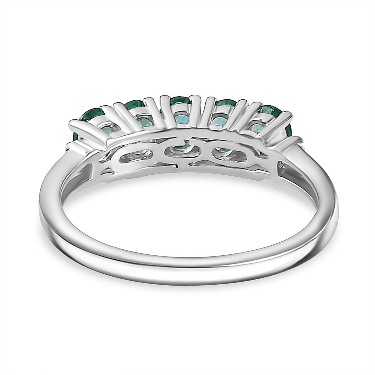 Emerald, White Diamond 5-Stone Ring in Platinum Overlay Sterling Silver 7763205 5