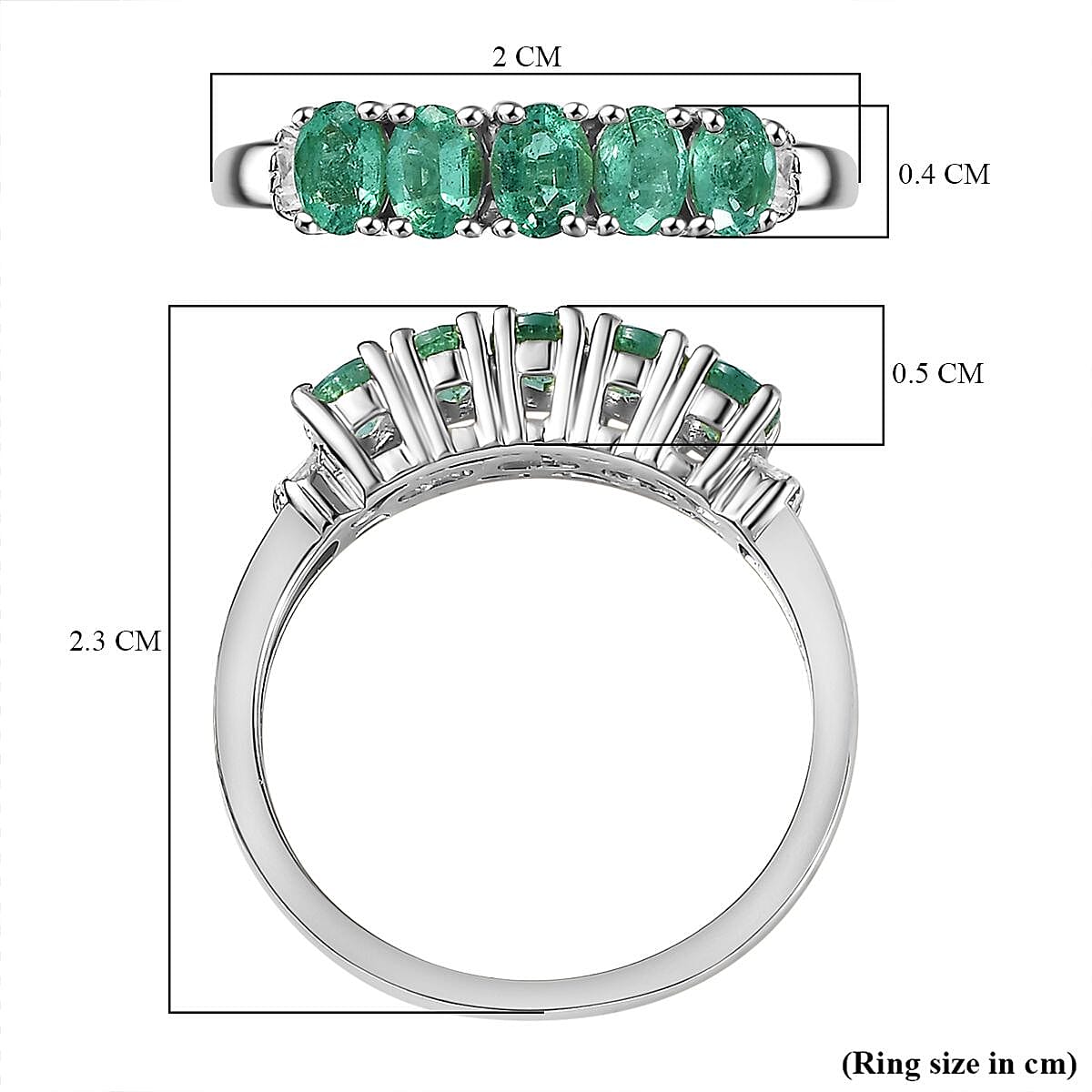 Emerald, White Diamond 5-Stone Ring in Platinum Overlay Sterling Silver 7763205 6