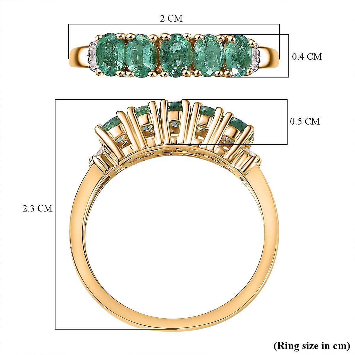 Emerald, White Diamond 5-Stone Ring in 18K Vermeil Yellow Gold Plated Sterling Silver 7763220 5
