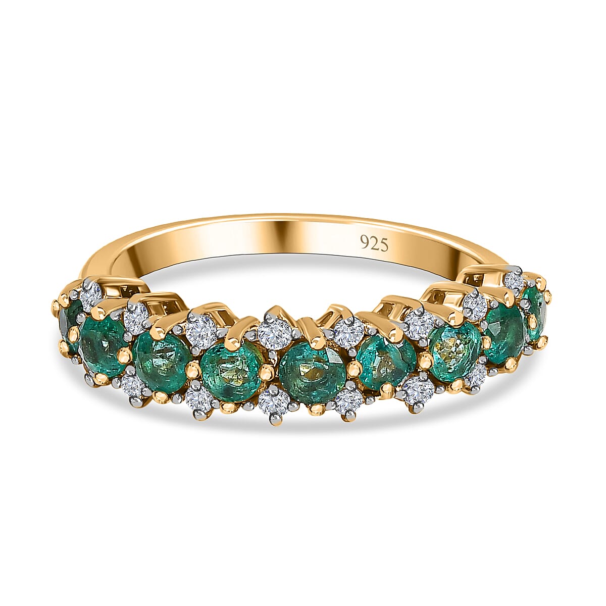 Emerald &amp; Natural Zircon Half Eternity Ring in 18K Yellow Gold Vermeil Plated Sterling Silver 1.53 Ct. 7653543 0