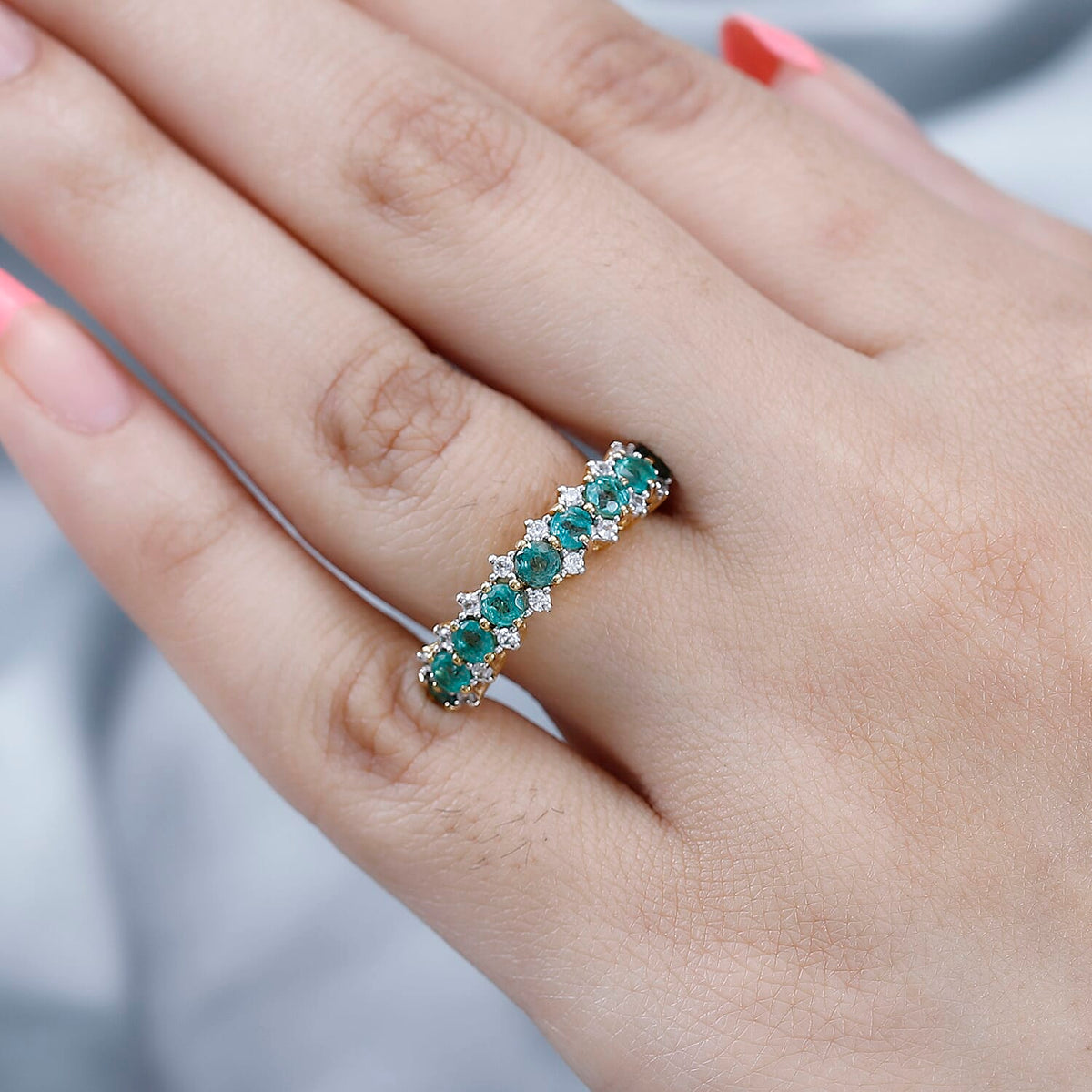 Emerald &amp; Natural Zircon Half Eternity Ring in 18K Yellow Gold Vermeil Plated Sterling Silver 1.53 Ct. 7653543 2