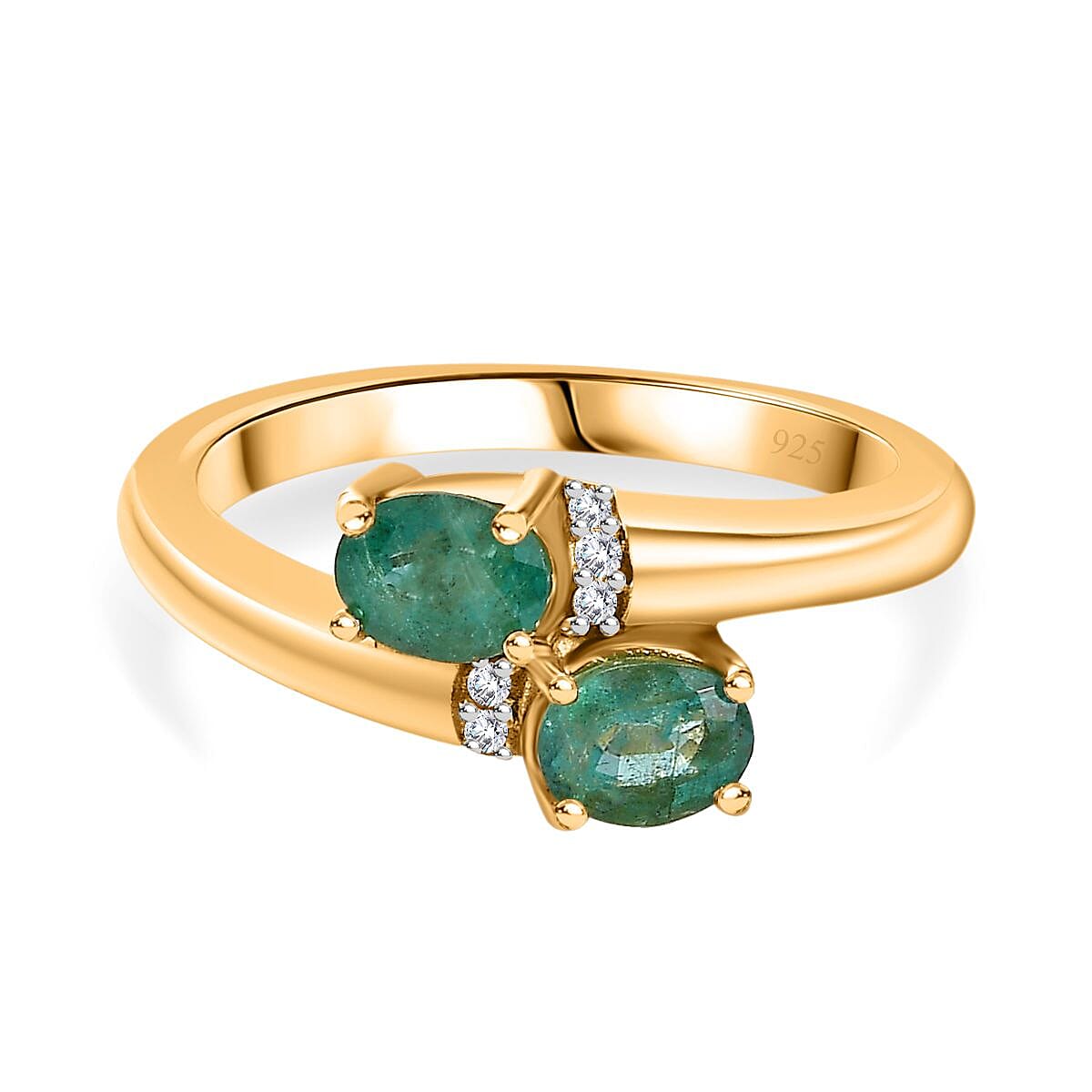 AAA Gemfields Emerald and Natural Zircon Bypass Ring in 18K Gold Vermeil Plated Sterling Silver 7757549 0