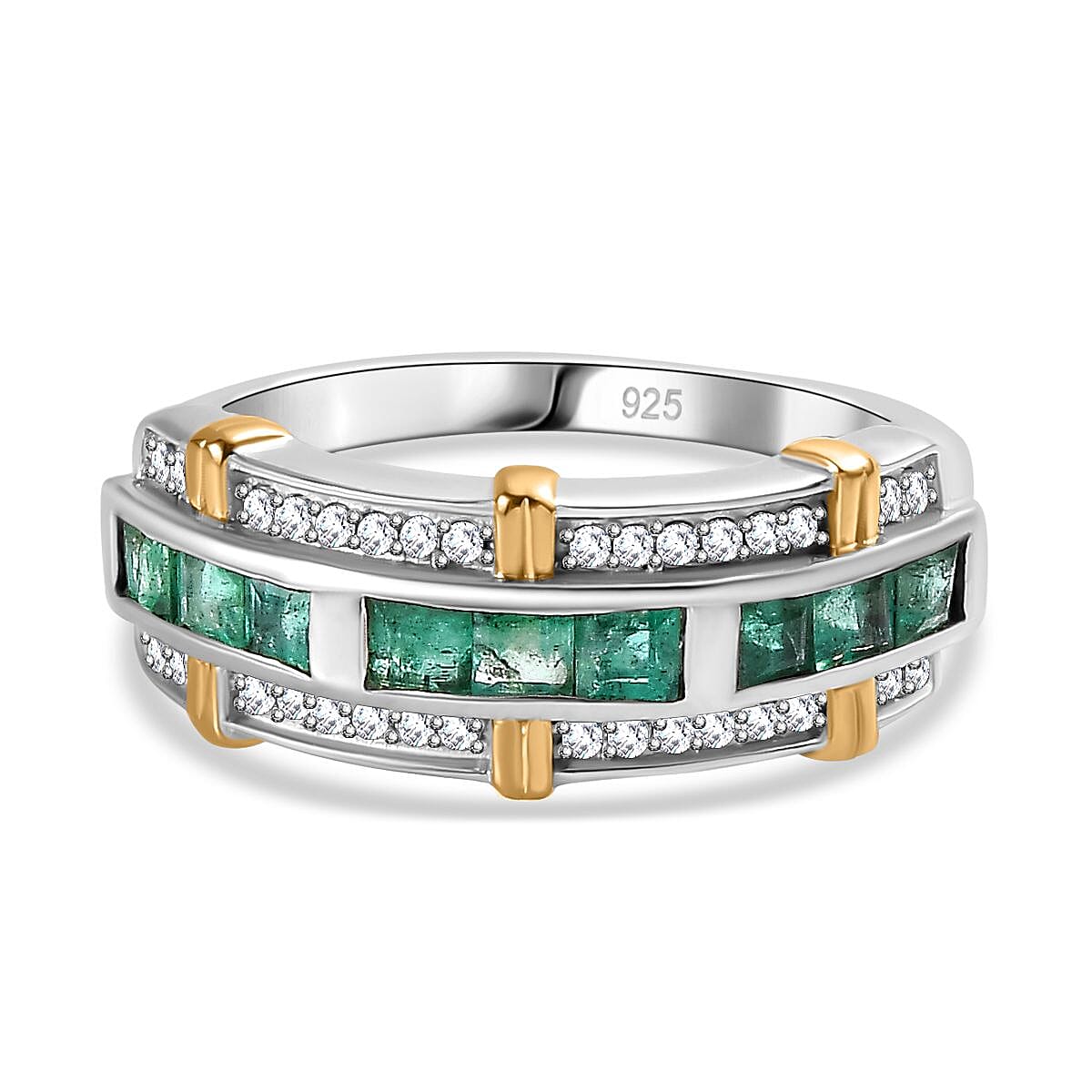AAA Gemfields Emerald,  Natural Zircon Half-Eternity Band Ring in Sterling Silver 1.13 Ct. 7778609 0