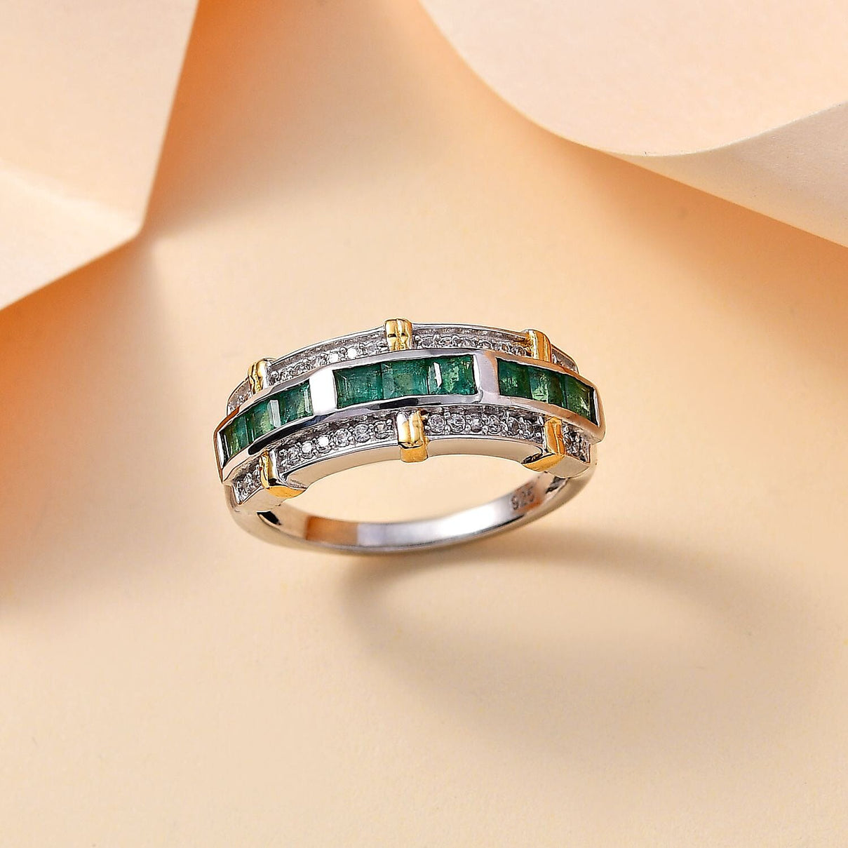 AAA Gemfields Emerald,  Natural Zircon Half-Eternity Band Ring in Sterling Silver 1.13 Ct. 7778609 1