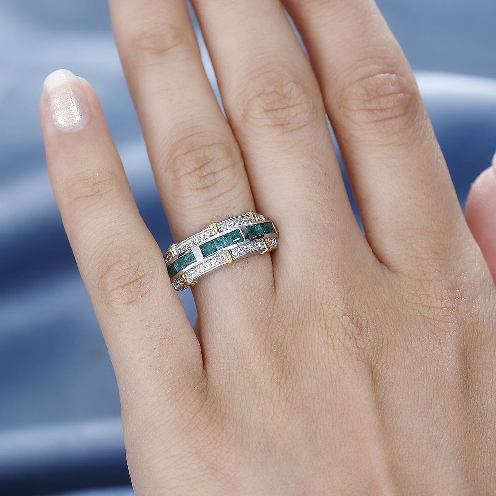 AAA Gemfields Emerald,  Natural Zircon Band Ring in Sterling Silver 1.13 Ct.