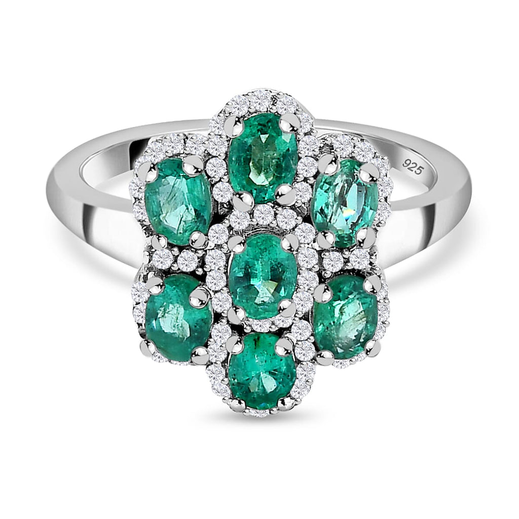 Collectors Edition- AAA Gemfields Emerald Natural White Zircon Cocktail Ring in Platinum Overlay Sterling Silver 1.45 Ct
