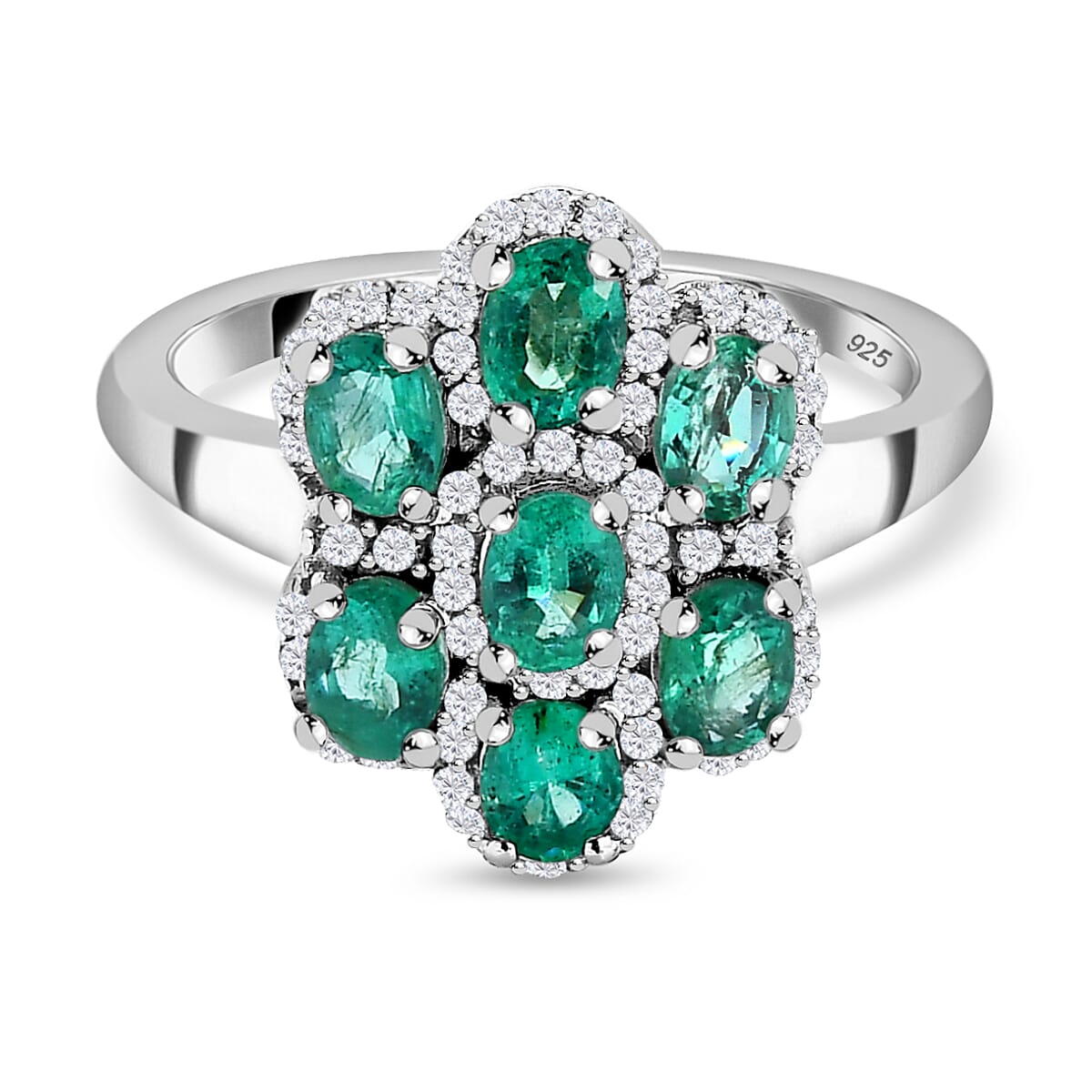 Collectors Edition- AAA Gemfields Emerald Natural White Zircon Cocktail Ring in Platinum Overlay Sterling Silver 1.45 Ct 7656901 0