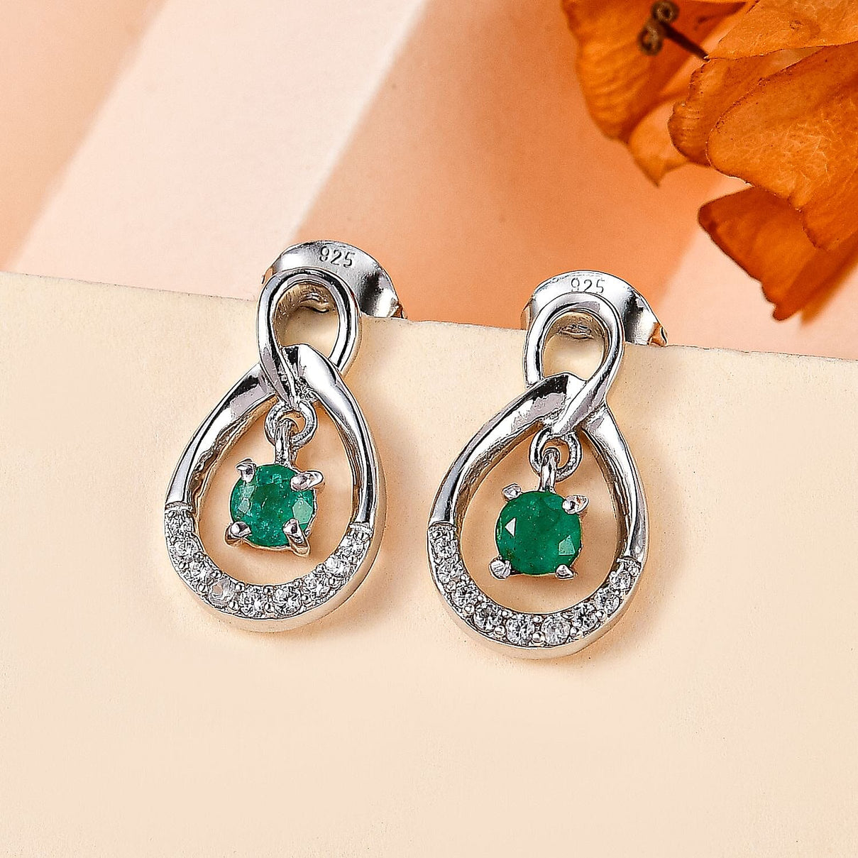 AAA Gemfields Emerald &amp; Natural Zircon Dangle Earrings in Platinum Overlay Sterling Silver 7757617 1