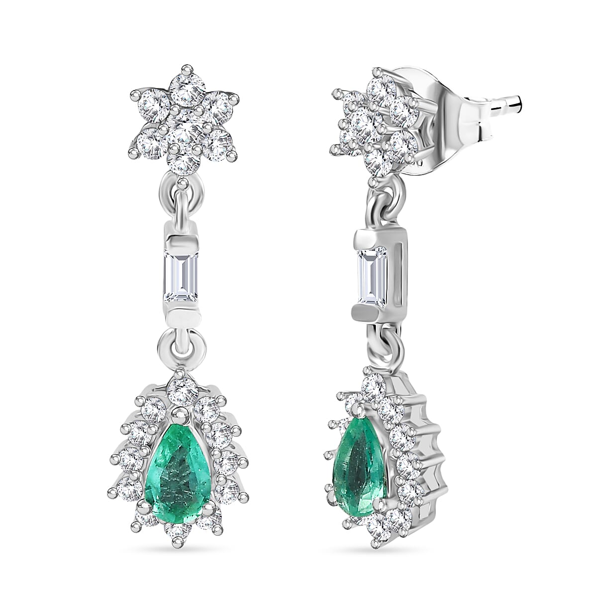AAA Gemfields Emerald &amp; White Zircon Dangling Earring with Push Back in Rhodium Overlay Sterling Silver 1.06 Ct. 8104567 0