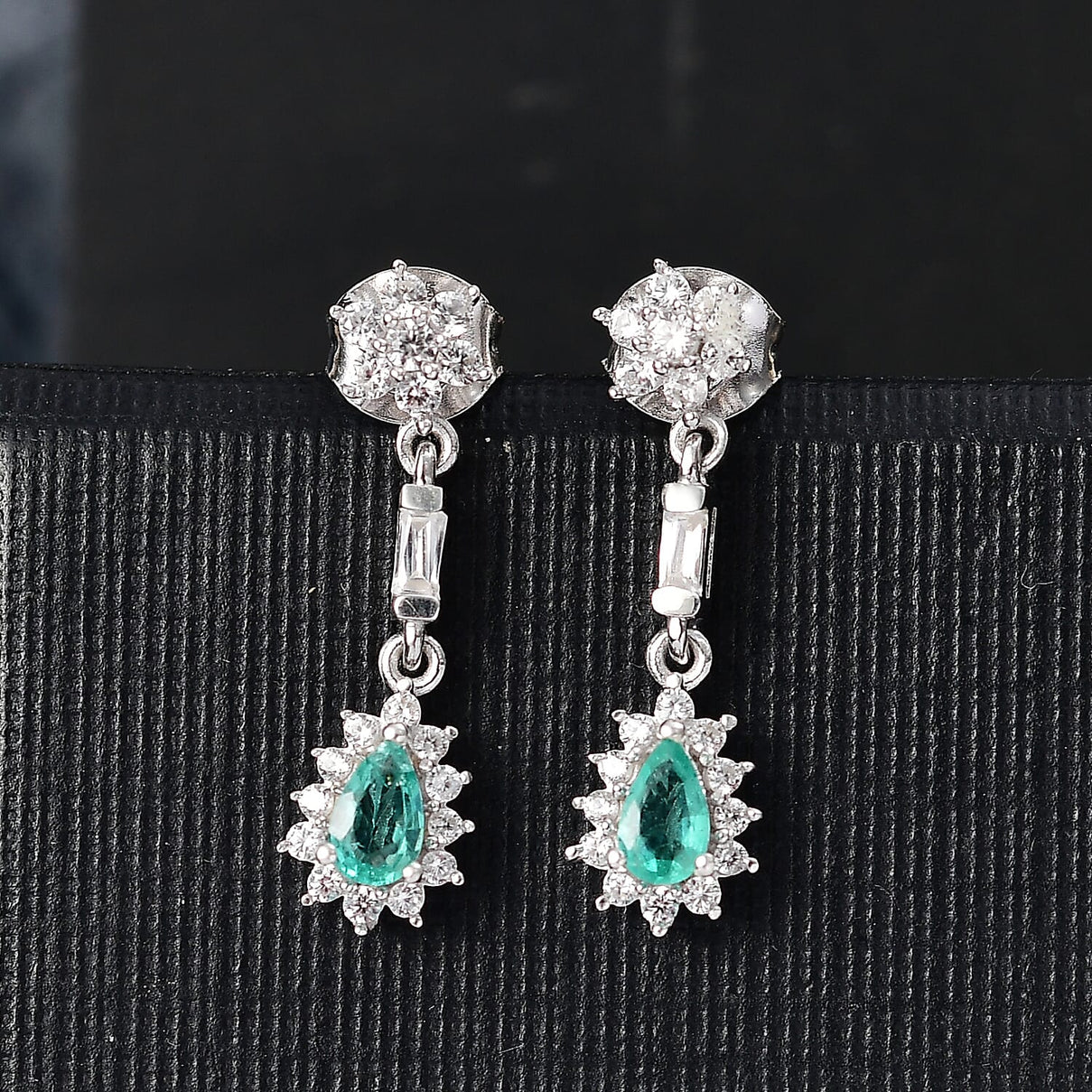 AAA Gemfields Emerald &amp; White Zircon Dangling Earring with Push Back in Rhodium Overlay Sterling Silver 1.06 Ct. 8104567 2