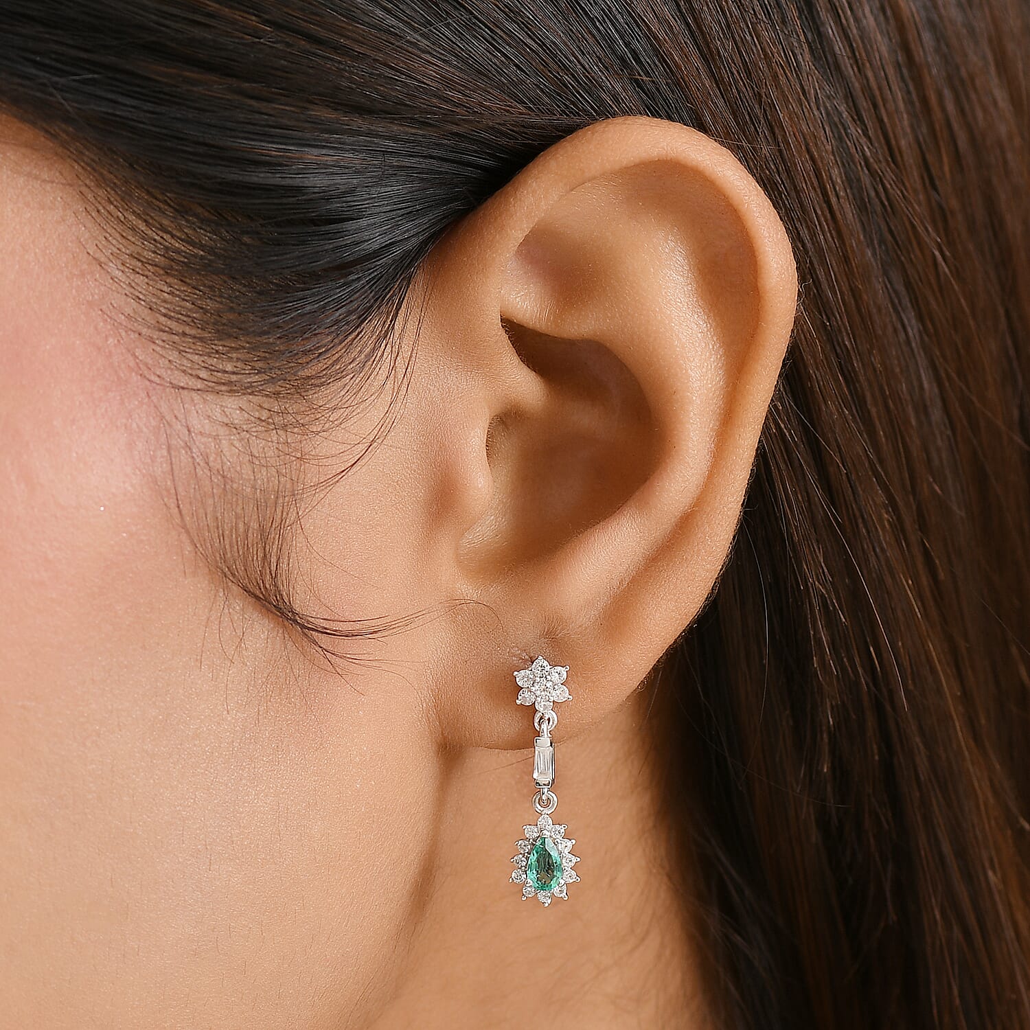 AAA Gemfields Emerald &amp; White Zircon Dangling Earring with Push Back in Rhodium Overlay Sterling Silver 1.06 Ct. 8104567 3