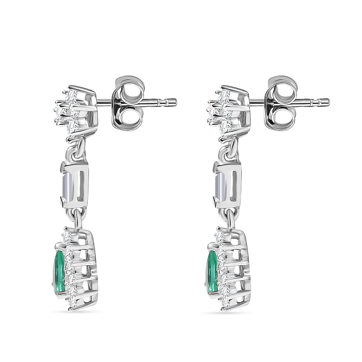 AAA Gemfields Emerald &amp; White Zircon Dangling Earring with Push Back in Rhodium Overlay Sterling Silver 1.06 Ct. 8104567 4