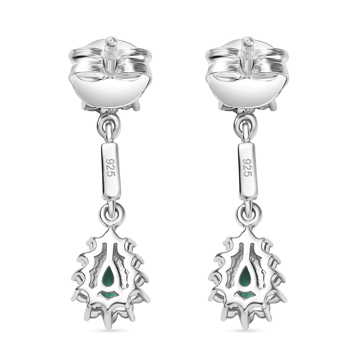 AAA Gemfields Emerald &amp; White Zircon Dangling Earring with Push Back in Rhodium Overlay Sterling Silver 1.06 Ct. 8104567 5