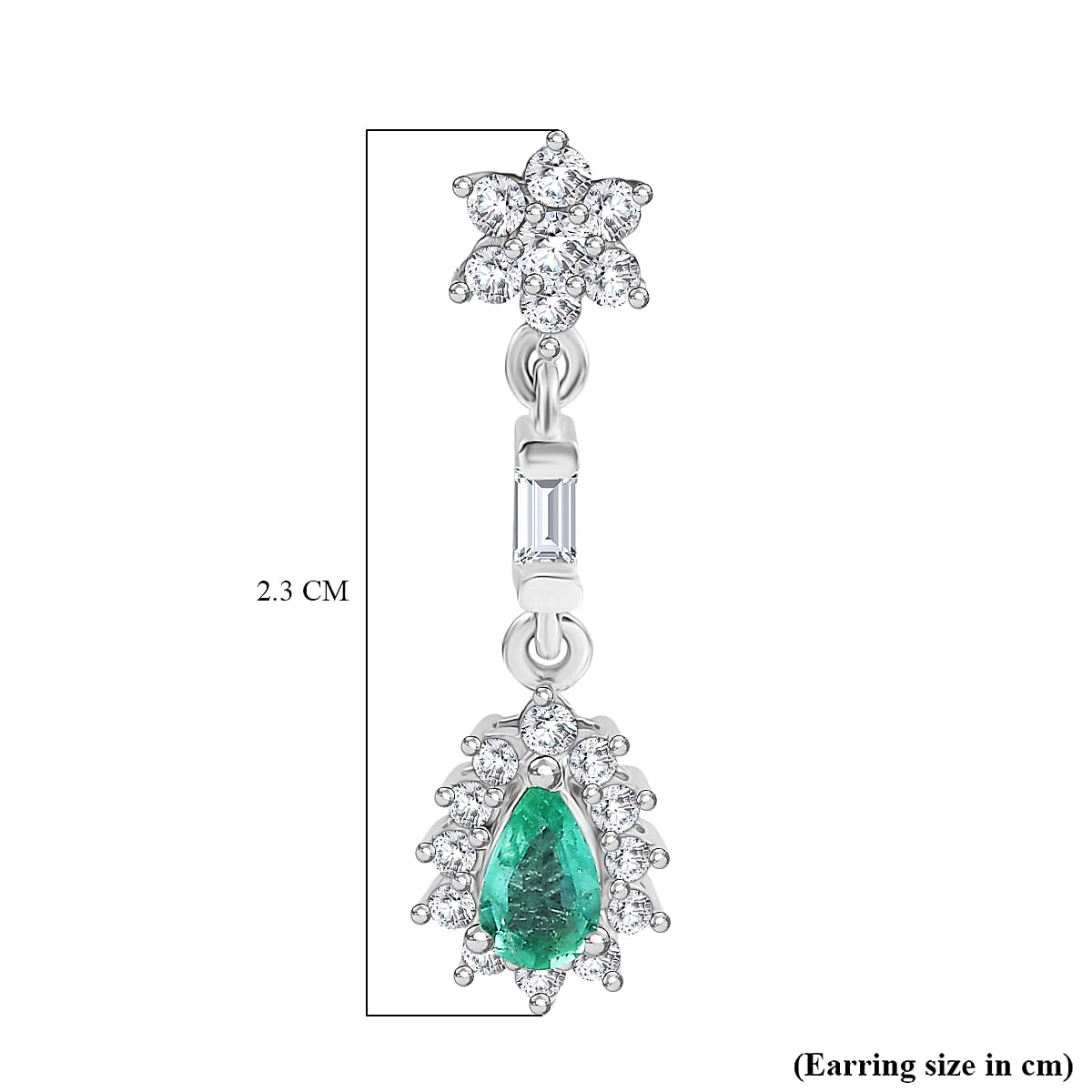 AAA Gemfields Emerald &amp; White Zircon Dangling Earring with Push Back in Rhodium Overlay Sterling Silver 1.06 Ct. 8104567 6