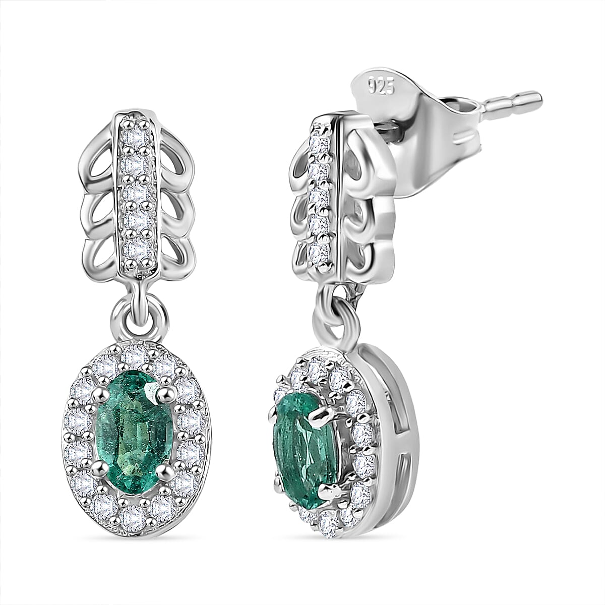 Emerald &amp; White Zircon Dangling Earring with Push Back in Rhodium Overlay Sterling Silver 8110091 0