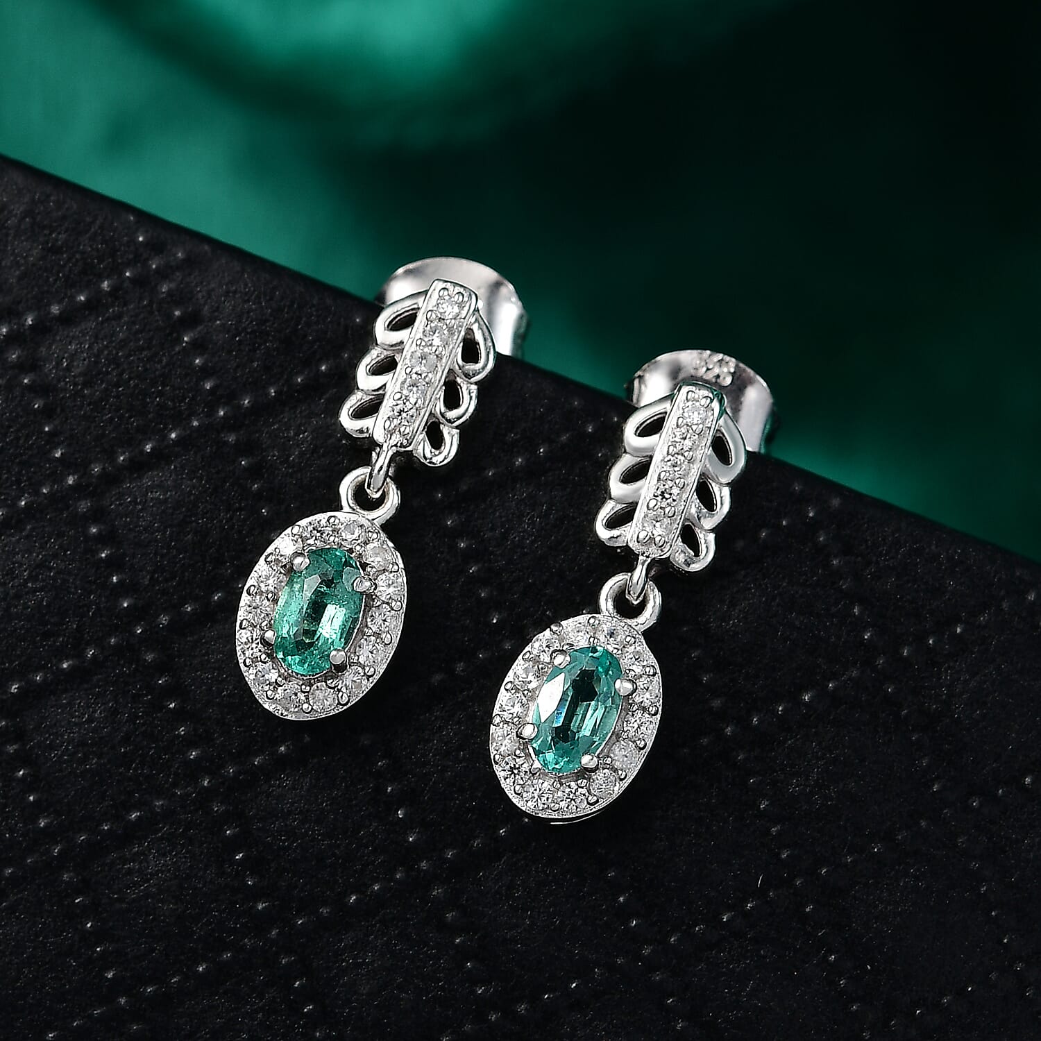 Emerald &amp; White Zircon Dangling Earring with Push Back in Rhodium Overlay Sterling Silver 8110091 2