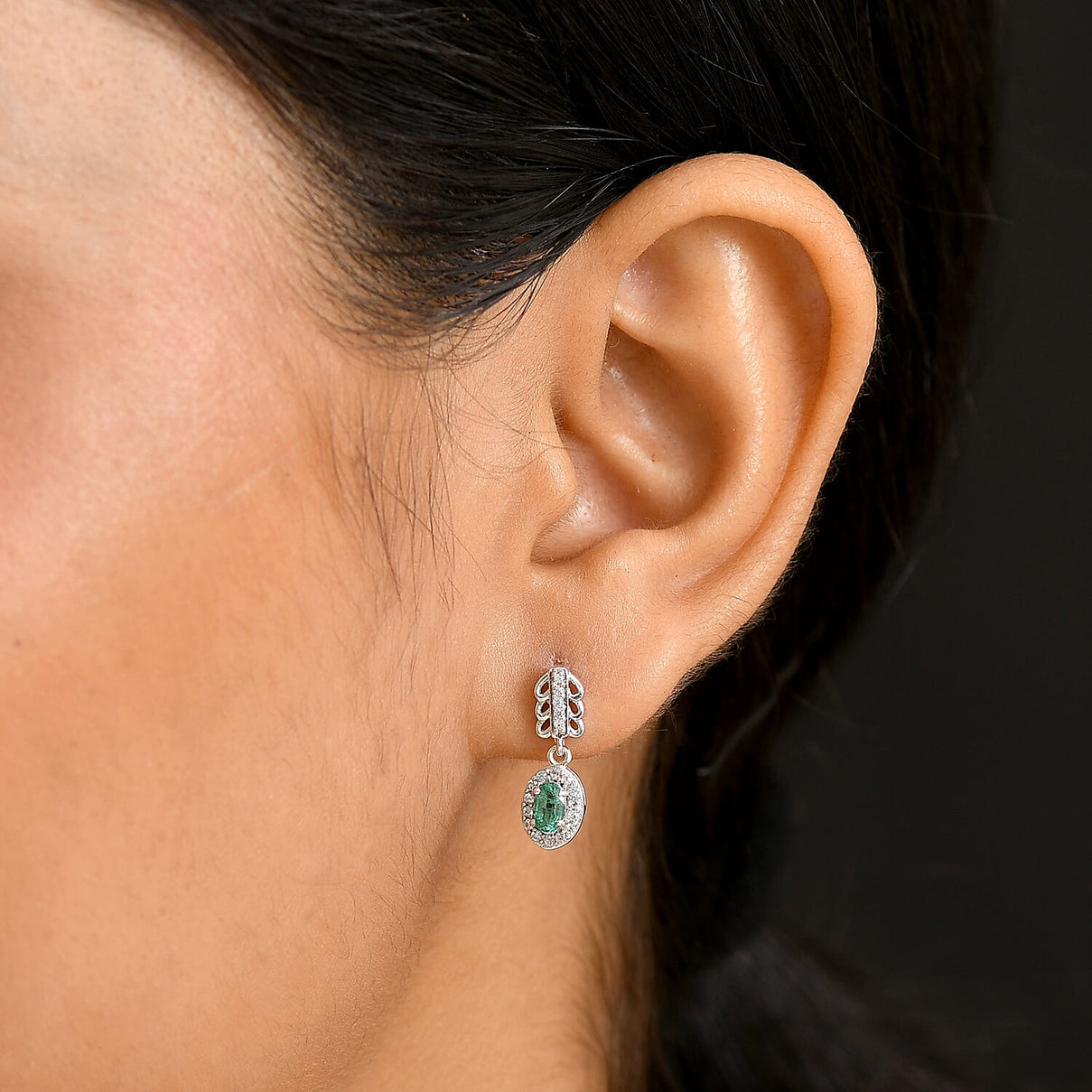 Emerald &amp; White Zircon Dangling Earring with Push Back in Rhodium Overlay Sterling Silver 8110091 3