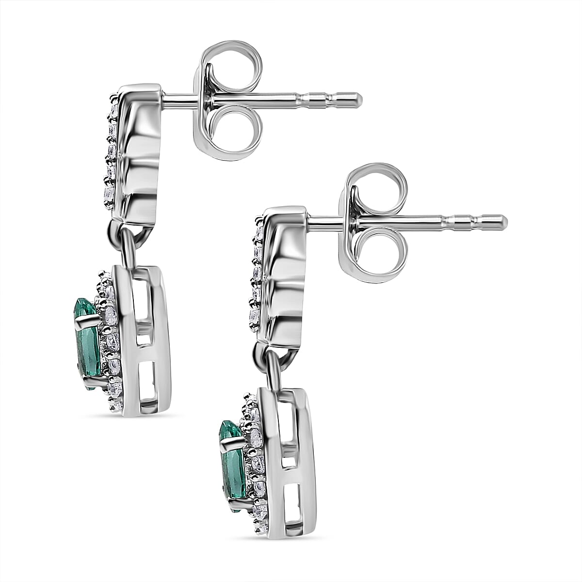 Emerald &amp; White Zircon Dangling Earring with Push Back in Rhodium Overlay Sterling Silver 8110091 4