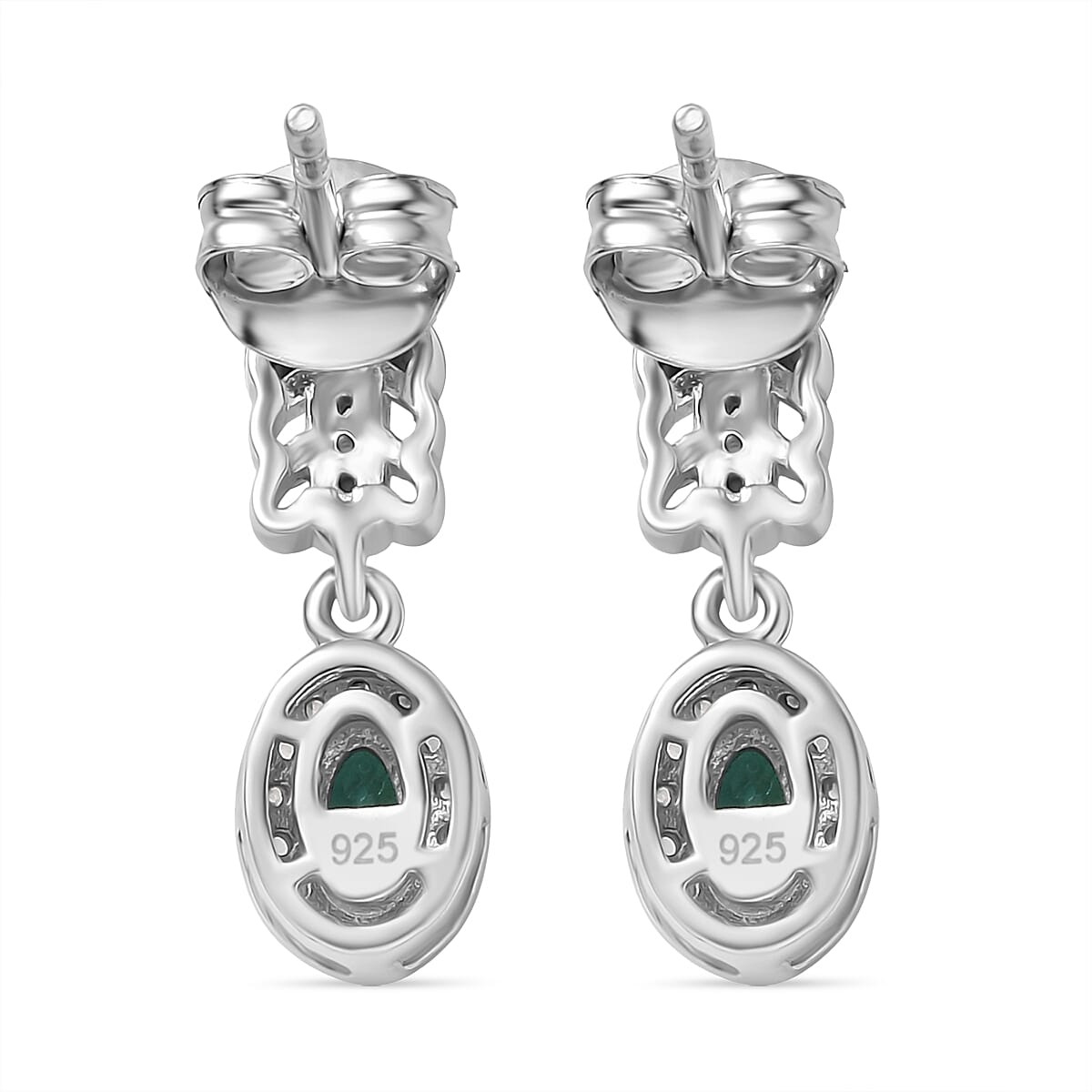 Emerald &amp; White Zircon Dangling Earring with Push Back in Rhodium Overlay Sterling Silver 8110091 5