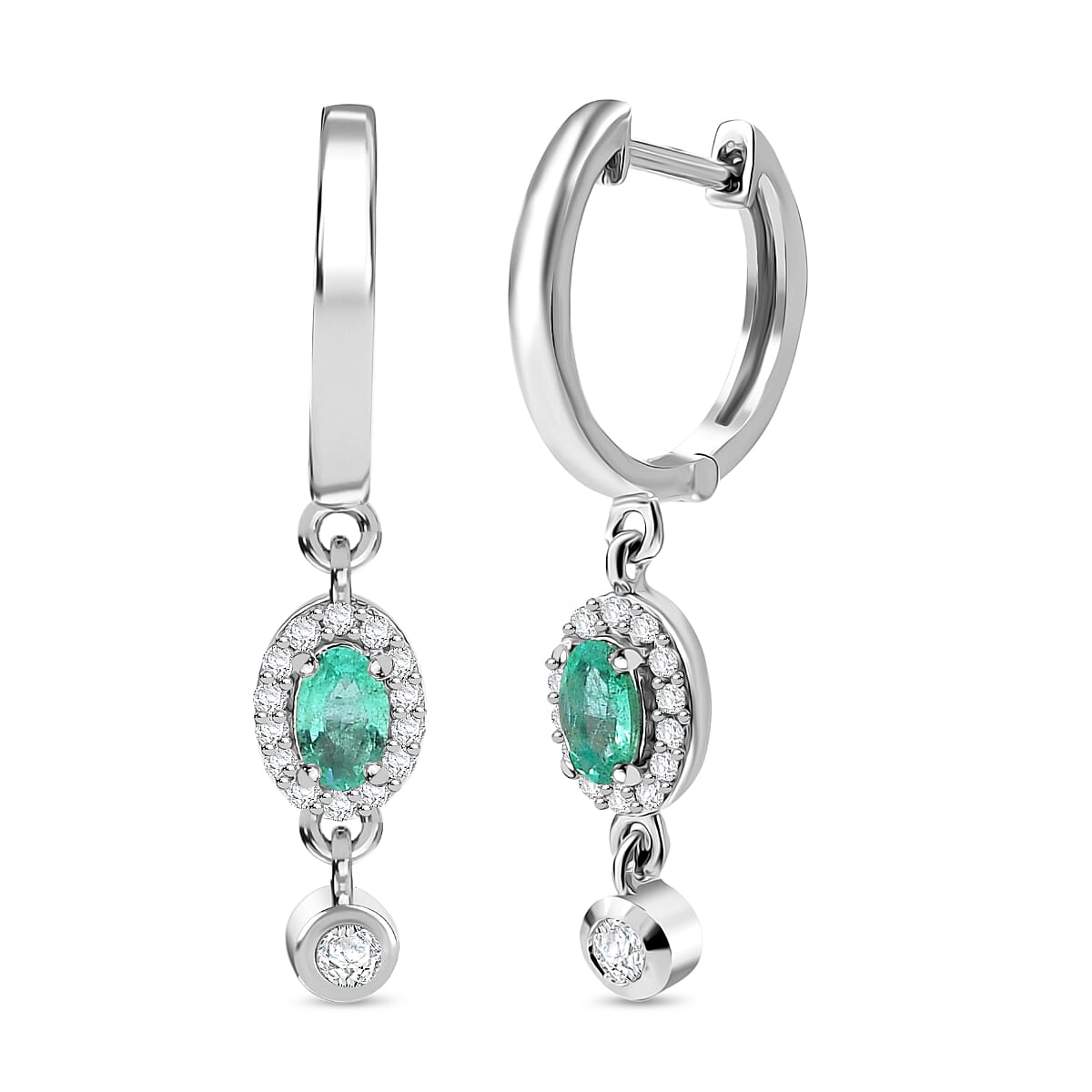 AAA Gemfield Emerald &amp; White Zircon Dangling Hoop Earring in Rhodium Overlay Sterling Silver 8110119 0