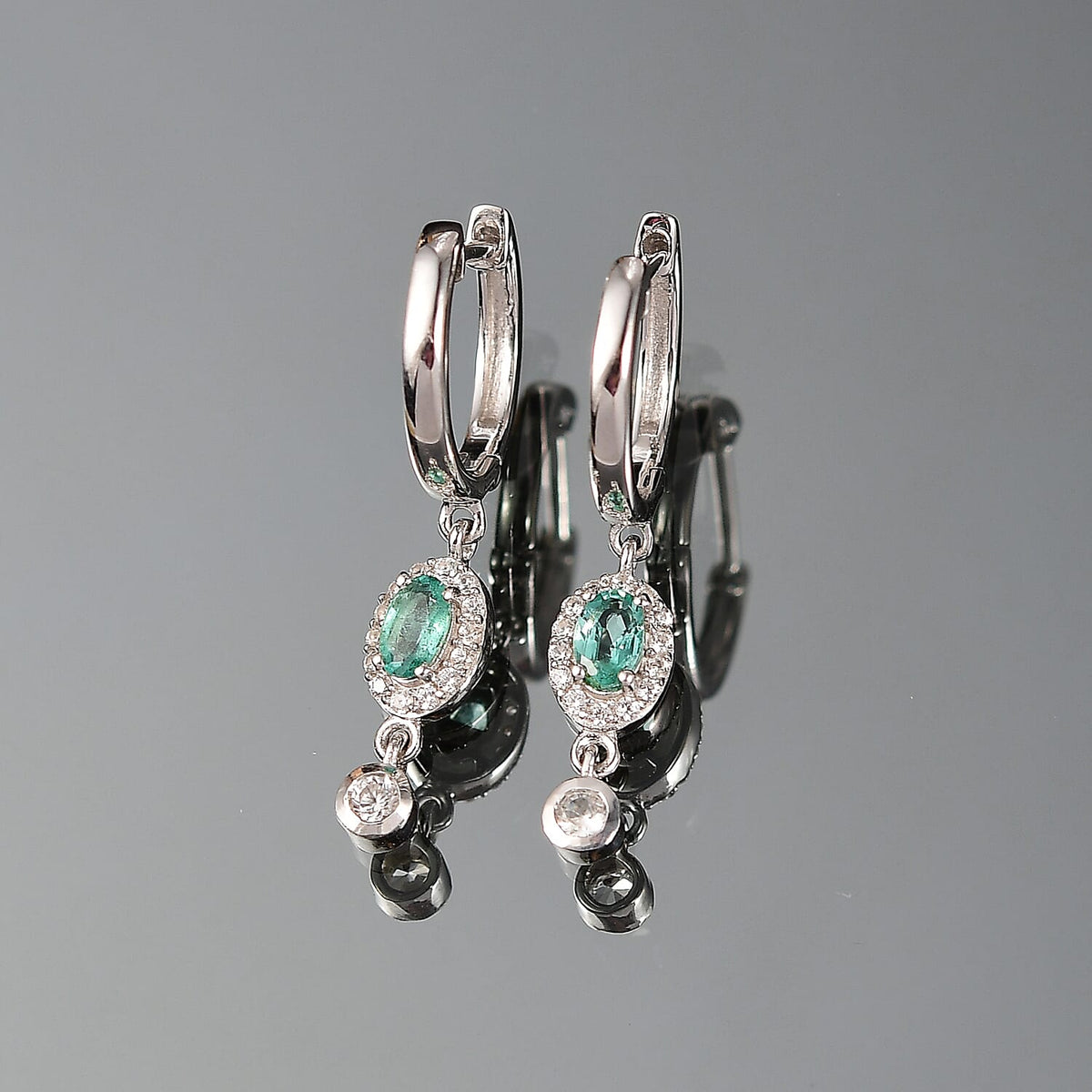 AAA Gemfield Emerald &amp; White Zircon Dangling Hoop Earring in Rhodium Overlay Sterling Silver 8110119 2