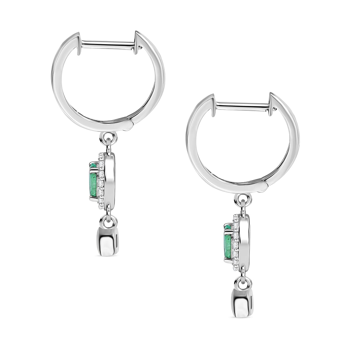 AAA Gemfield Emerald &amp; White Zircon Dangling Hoop Earring in Rhodium Overlay Sterling Silver 8110119 4