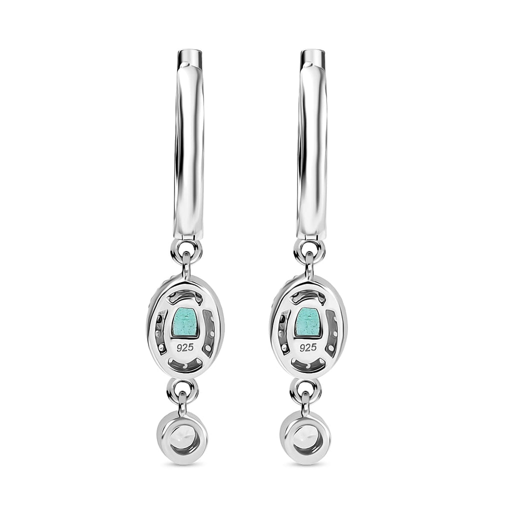 AAA Gemfield Emerald & White Zircon Dangling Hoop Earring in Rhodium Overlay Sterling Silver