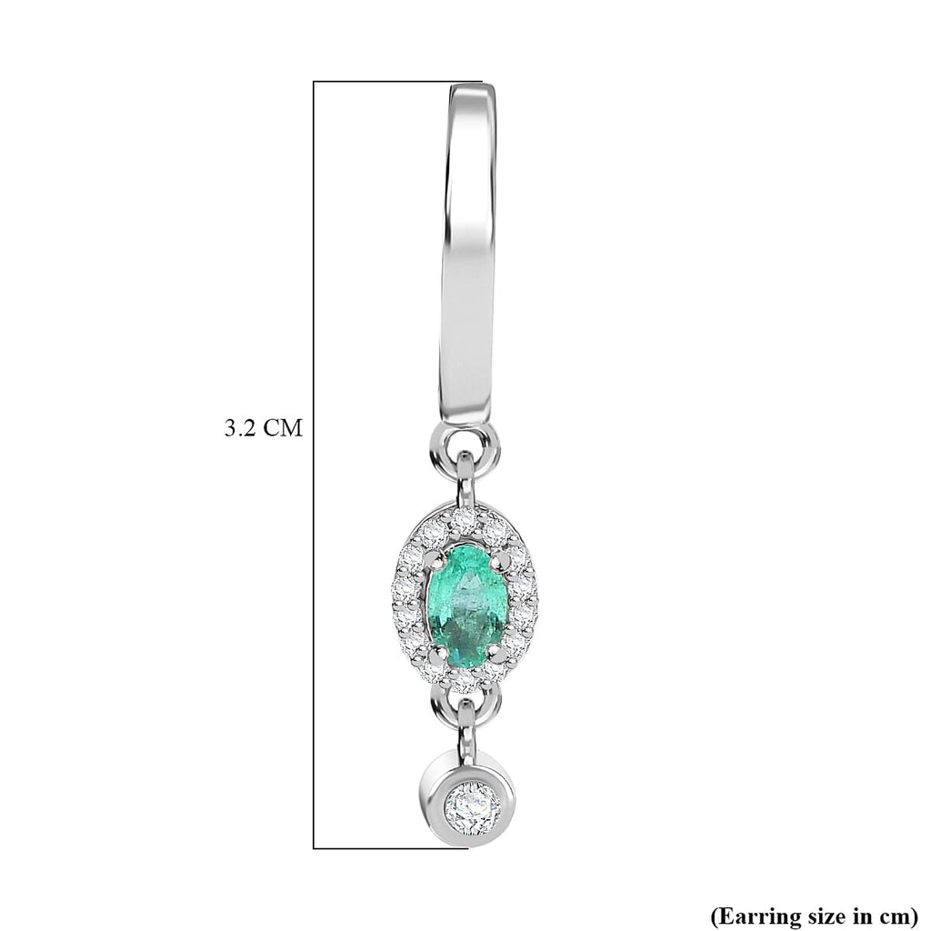 AAA Gemfield Emerald & White Zircon Dangling Hoop Earring in Rhodium Overlay Sterling Silver