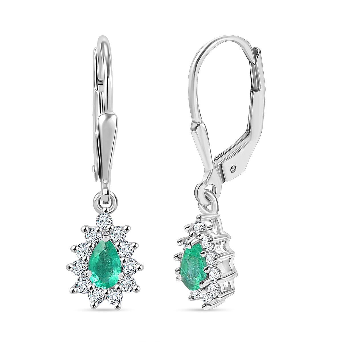 AAA Gemfields Emerald &amp; White Zircon Earring with Lever Back in Rhodium Overlay Sterling Silver 8109968 0