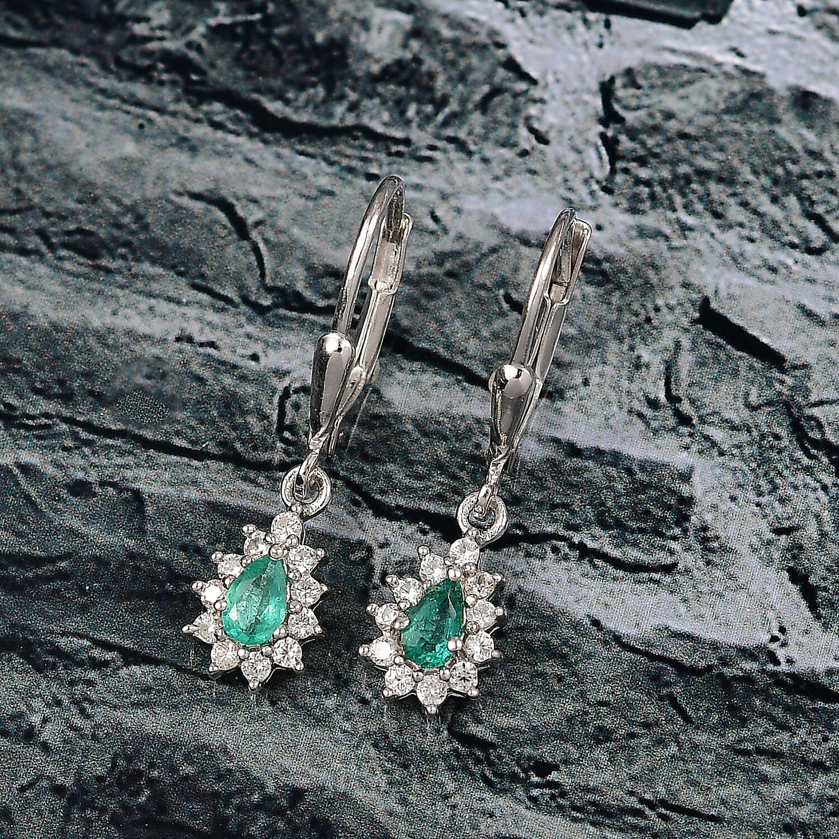 AAA Gemfields Emerald &amp; White Zircon Earring with Lever Back in Rhodium Overlay Sterling Silver 8109968 2