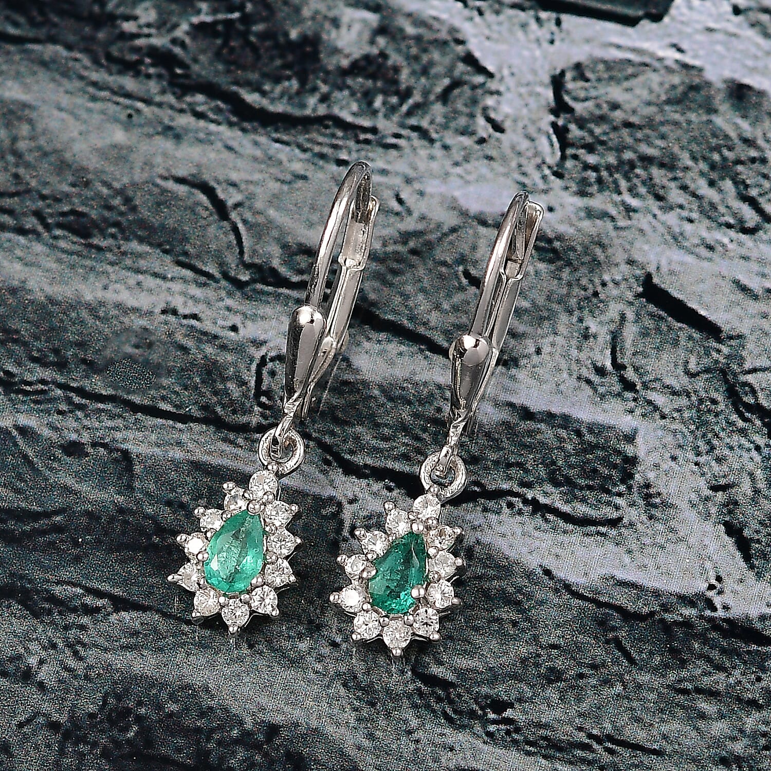 AAA Gemfields Emerald &amp; White Zircon Earring with Lever Back in Rhodium Overlay Sterling Silver 8109968 2