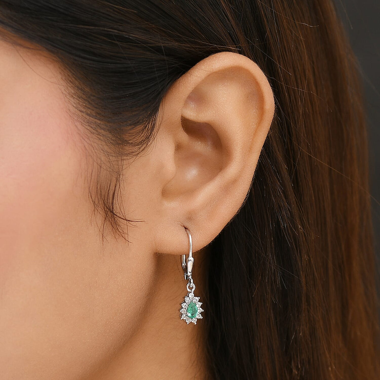 AAA Gemfields Emerald &amp; White Zircon Earring with Lever Back in Rhodium Overlay Sterling Silver 8109968 3