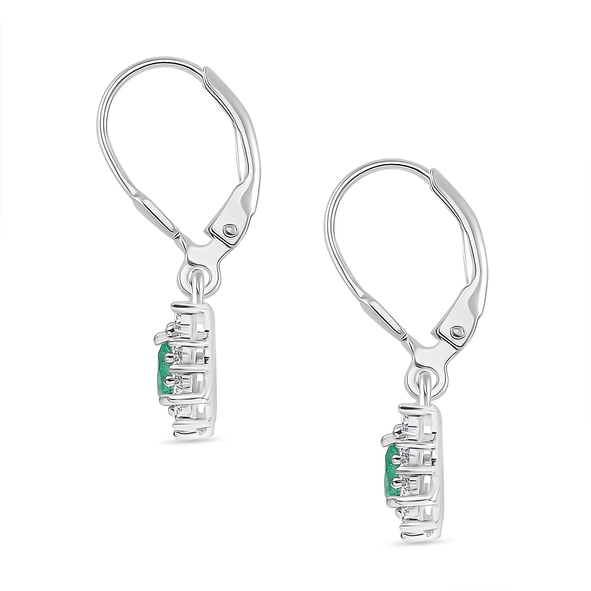 AAA Gemfields Emerald &amp; White Zircon Earring with Lever Back in Rhodium Overlay Sterling Silver 8109968 4