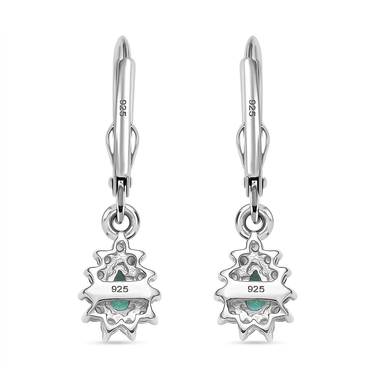 AAA Gemfields Emerald &amp; White Zircon Earring with Lever Back in Rhodium Overlay Sterling Silver 8109968 5