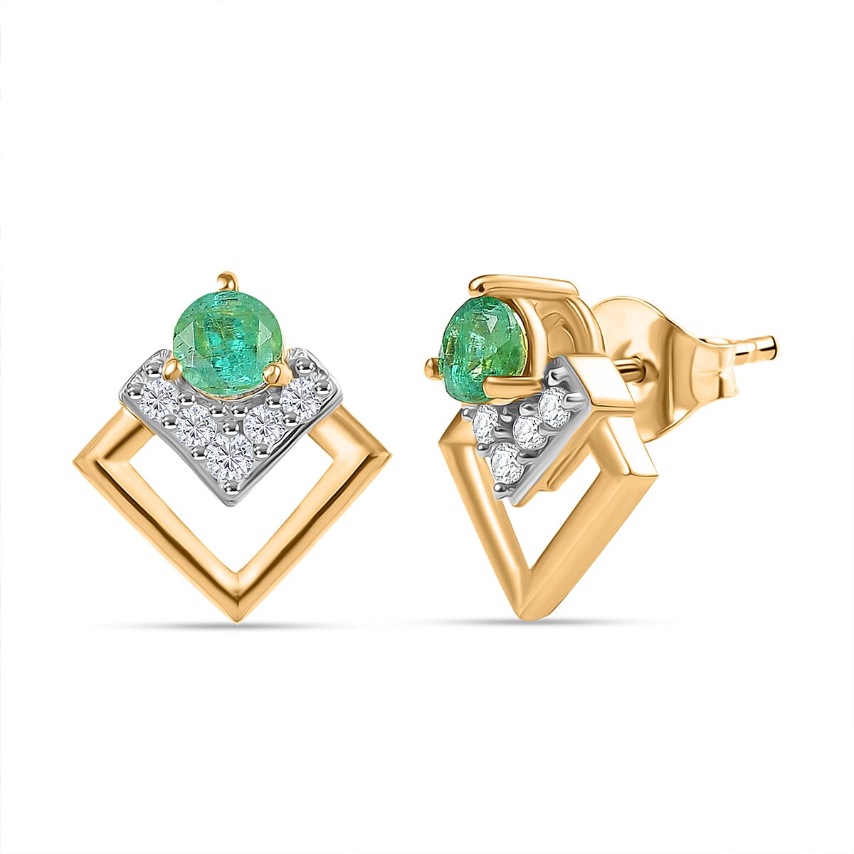 AAA Gemfields Emerald &amp; White Zircon Earring in 18K Vermeil Yellow Gold Plated Sterling Silver 0.70 Ct. 8109989 0