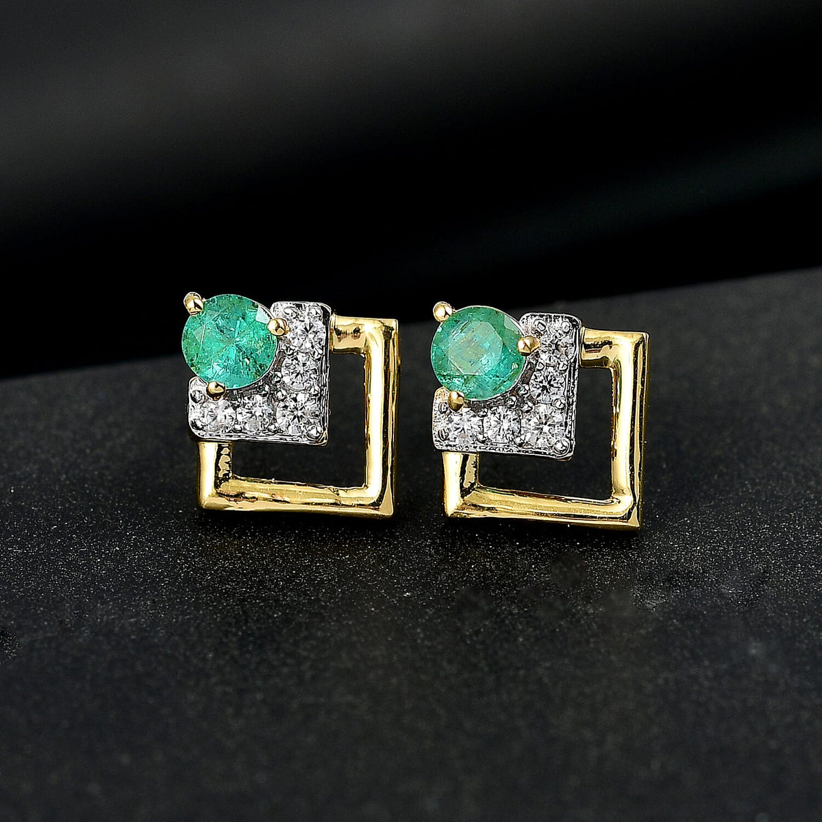 AAA Gemfields Emerald &amp; White Zircon Earring in 18K Vermeil Yellow Gold Plated Sterling Silver 0.70 Ct. 8109989 2
