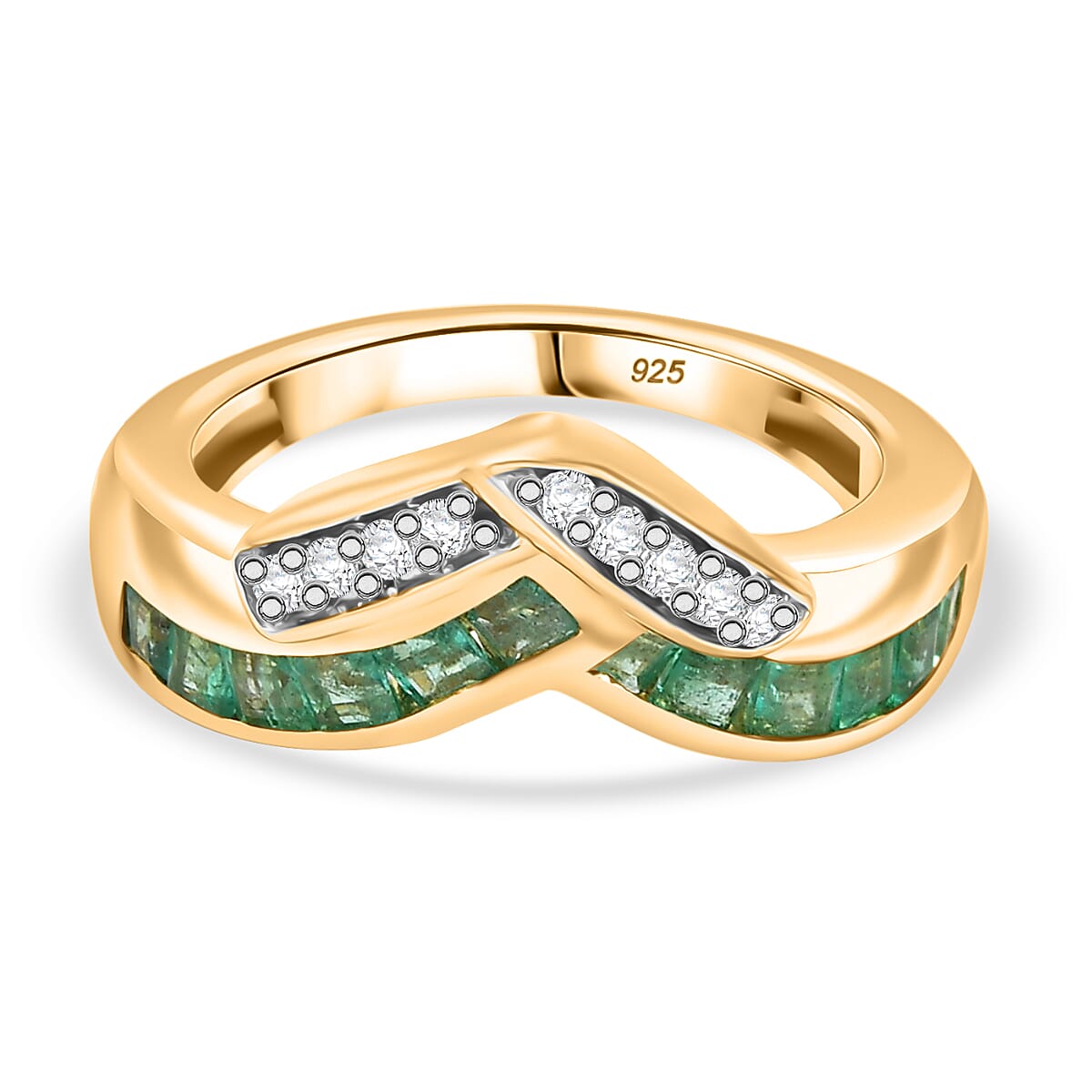 AAA Gemfields Emerald &amp; White Zircon Ring in 18K Vermeil Yellow Gold Plated Sterling Silver 1.10 Ct. 8130166 0
