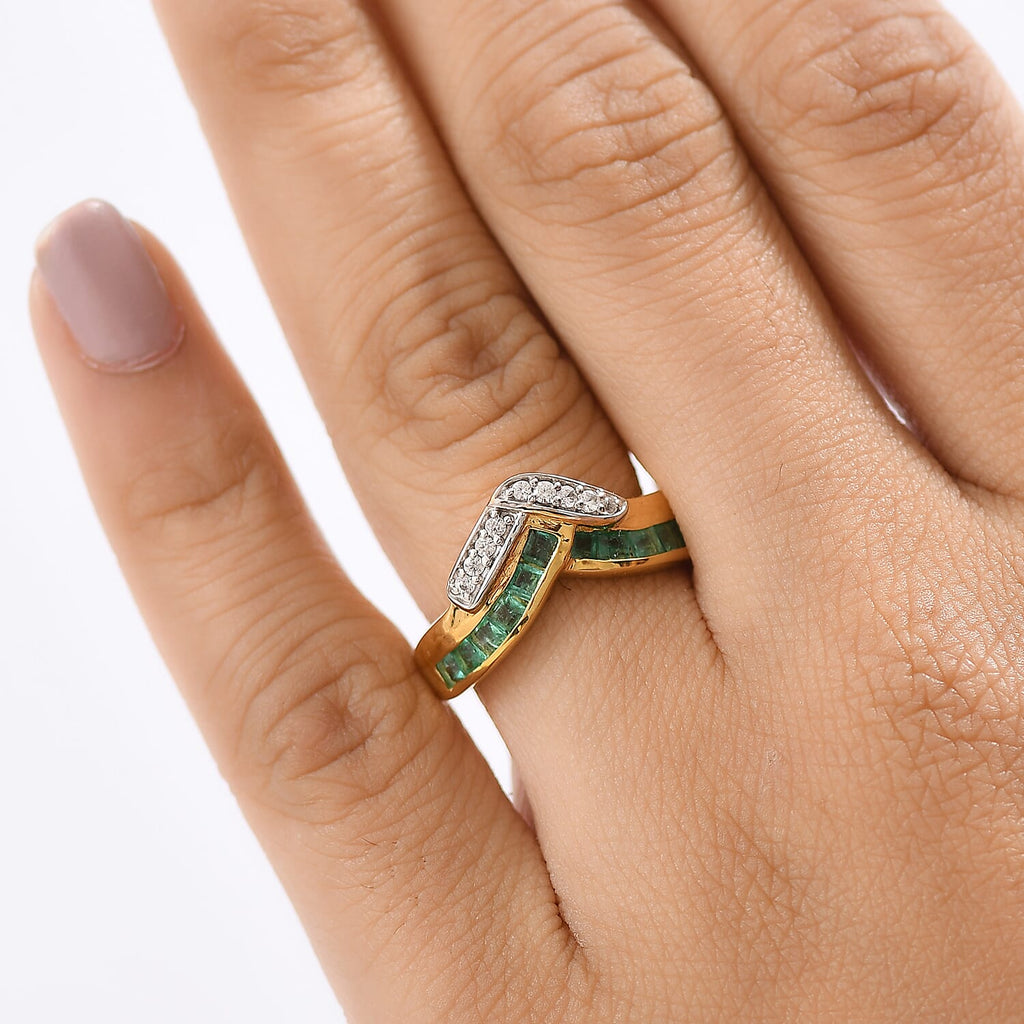 AAA Gemfields Emerald & White Zircon Ring in 18K Vermeil Yellow Gold Plated Sterling Silver 1.10 Ct.