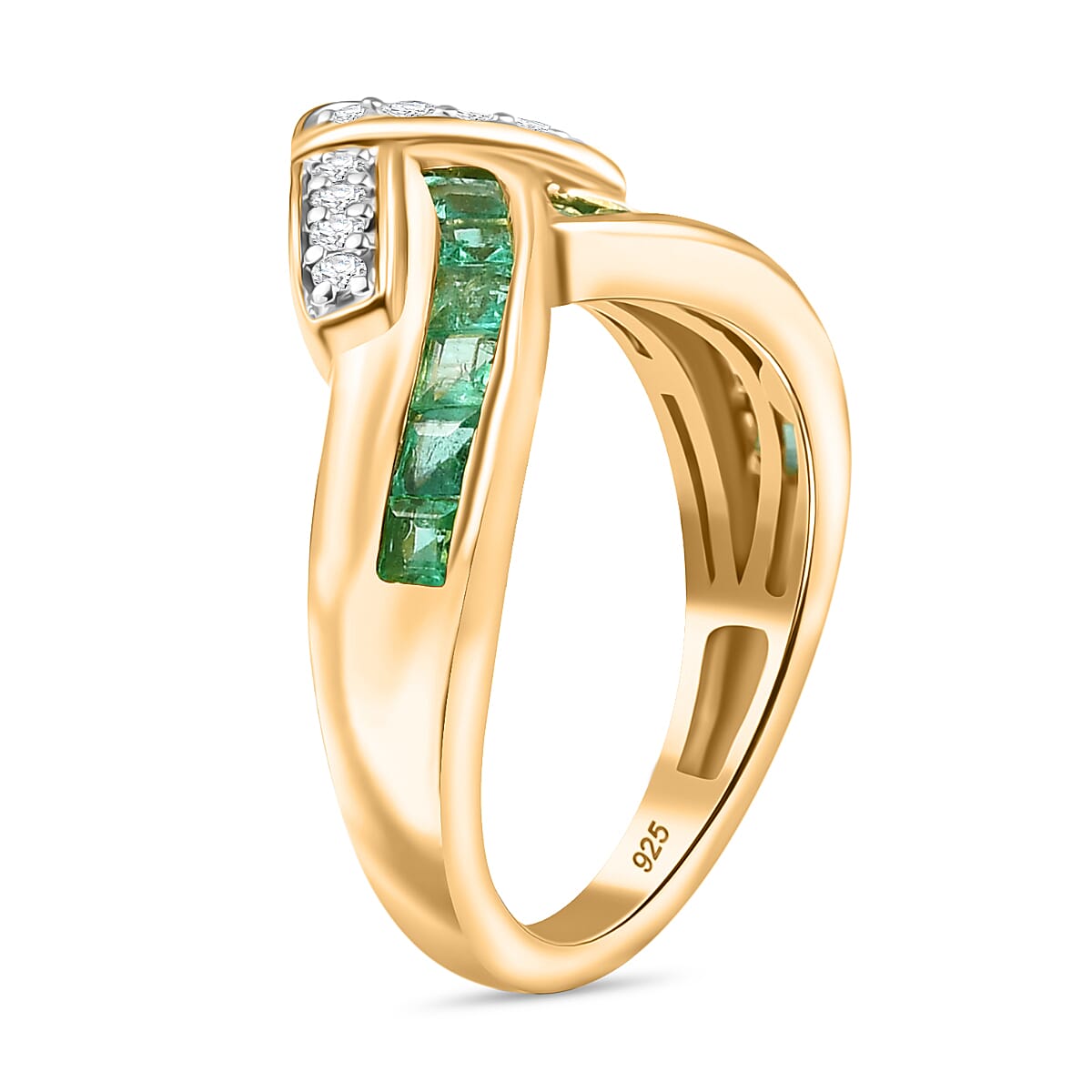 AAA Gemfields Emerald &amp; White Zircon Ring in 18K Vermeil Yellow Gold Plated Sterling Silver 1.10 Ct. 8130166 3