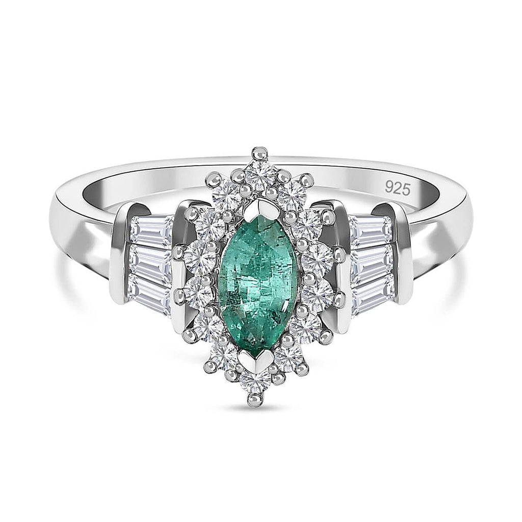 AAA Gemfields Emerald and Natural Zircon Ring in Platinum Overlay Sterling Silver 1.03 Ct
