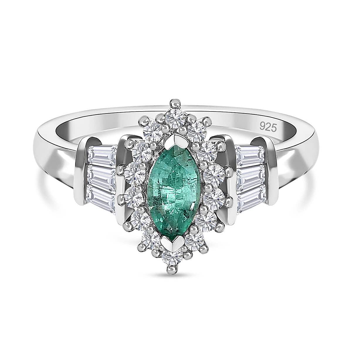 AAA Gemfields Emerald and Natural Zircon Ring in Platinum Overlay Sterling Silver 1.03 Ct 7572036 0