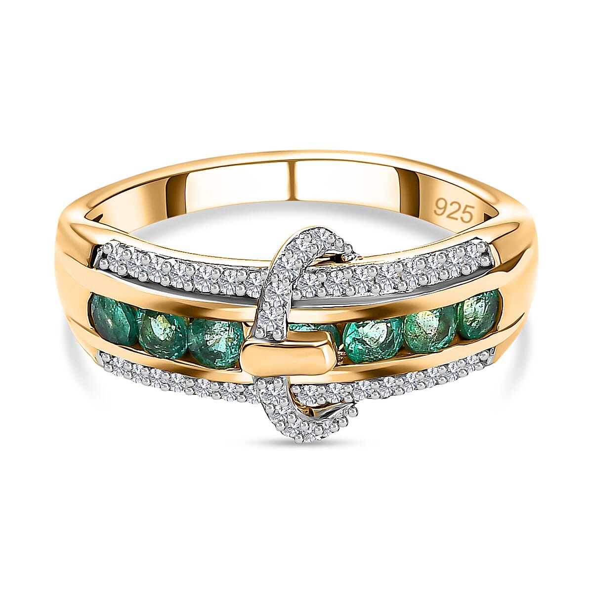 AAA Gemfields Emerald &amp; Natural Zircon Ring in 18K Yellow Gold Vermeil Plated Sterling Silver 7656940 0