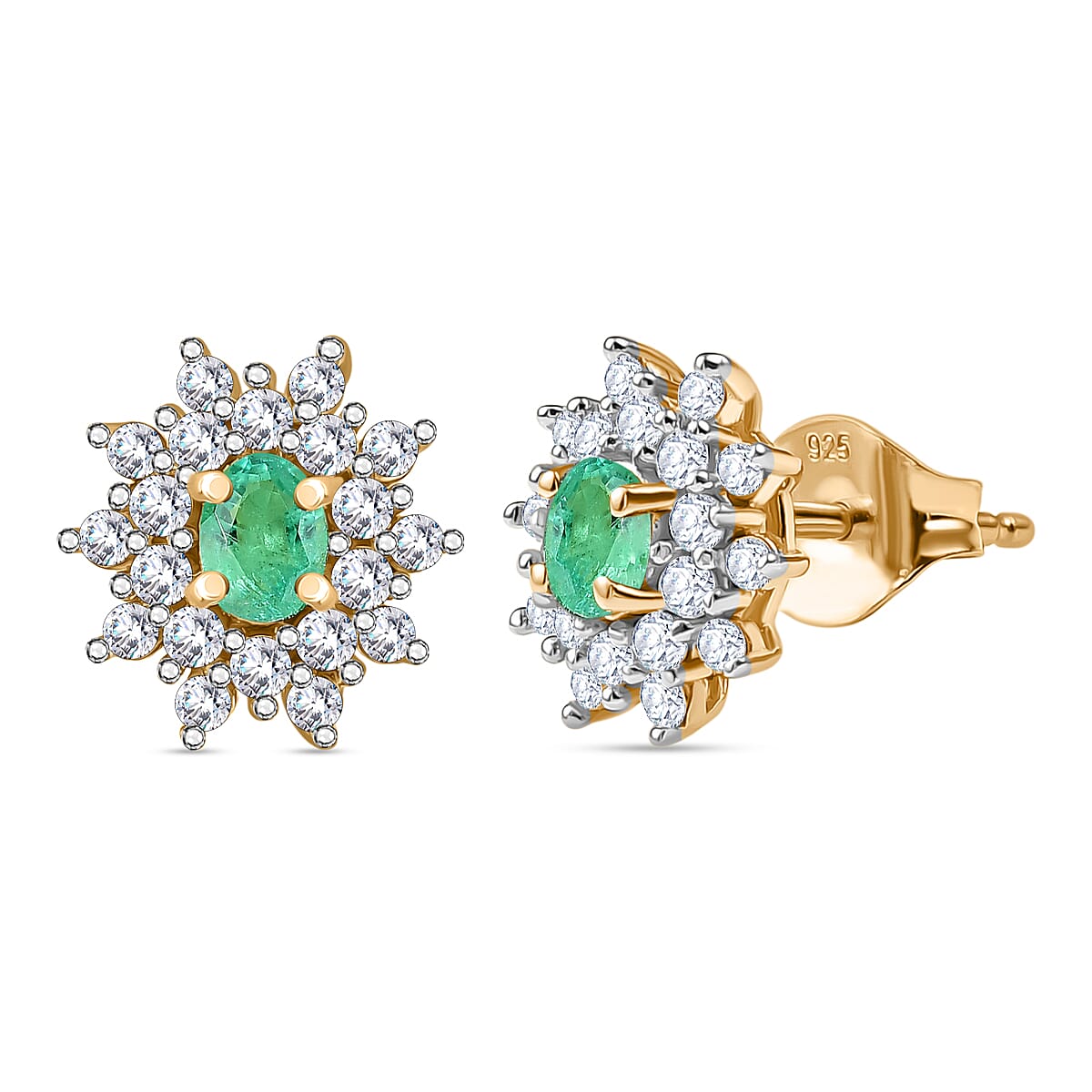 AAA Gemfields Emerald and White Zircon Halo Push Back Earrings in 18K Vermeil Yellow Gold Plated Sterling Silver 1.02 Ct. 8109964 0