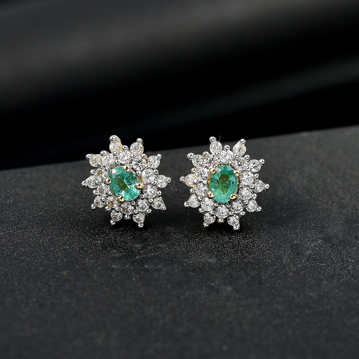AAA Gemfields Emerald and White Zircon Halo Push Back Earrings in 18K Vermeil Yellow Gold Plated Sterling Silver 1.02 Ct. 8109964 2