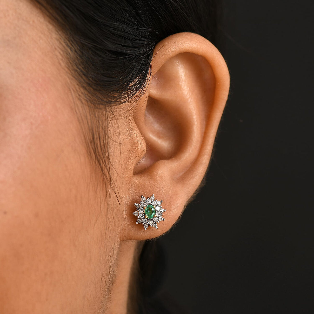 AAA Gemfields Emerald and White Zircon Halo Push Back Earrings in 18K Vermeil Yellow Gold Plated Sterling Silver 1.02 Ct. 8109964 3