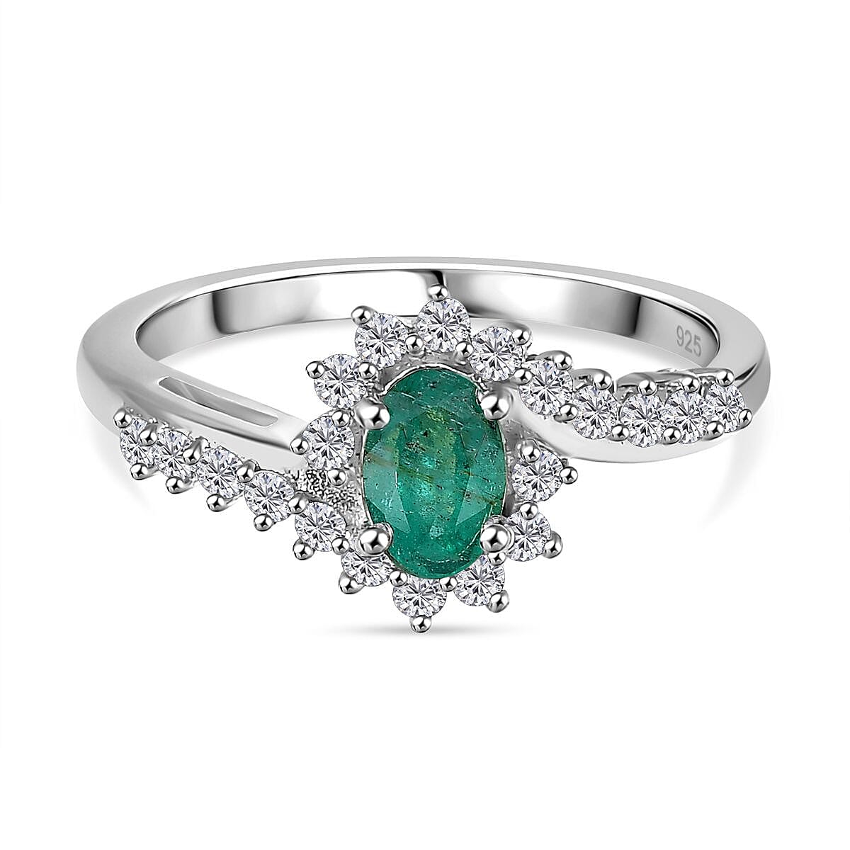 Emerald and Natural Zircon Bypass Halo Ring in Platinum Overlay Sterling Silver 7778634 0