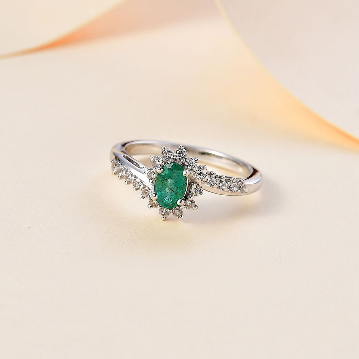 Emerald and Natural Zircon Bypass Halo Ring in Platinum Overlay Sterling Silver 7778634 1