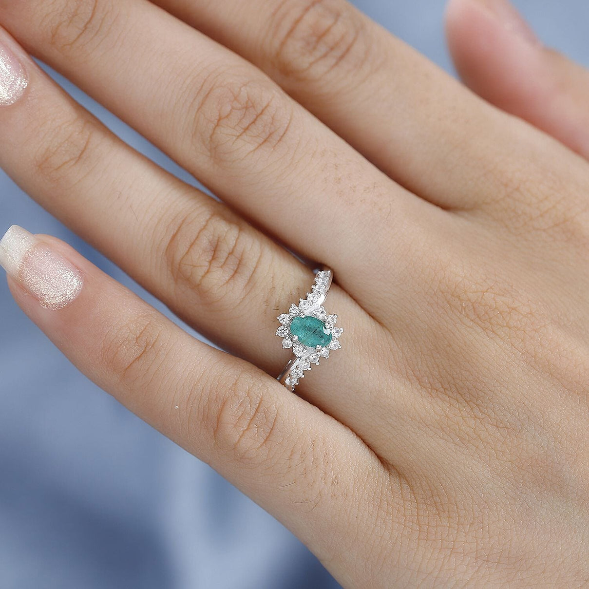 Emerald and Natural Zircon Bypass Halo Ring in Platinum Overlay Sterling Silver 7778634 2